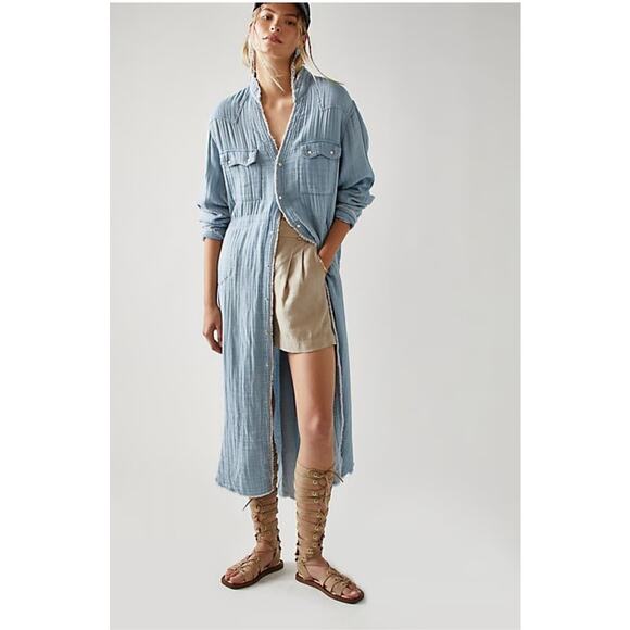 Free People Dresses & Skirts - Free People Cinderella Story Shirtdress Size S Blue Denim Gauze Button Front
